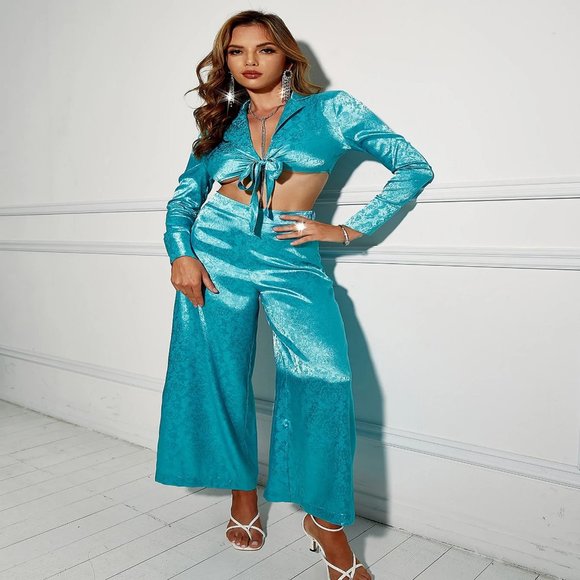 Floral Satin Tie Front Cropped Top And Wide Leg Pants Set - Picture 4 of 4